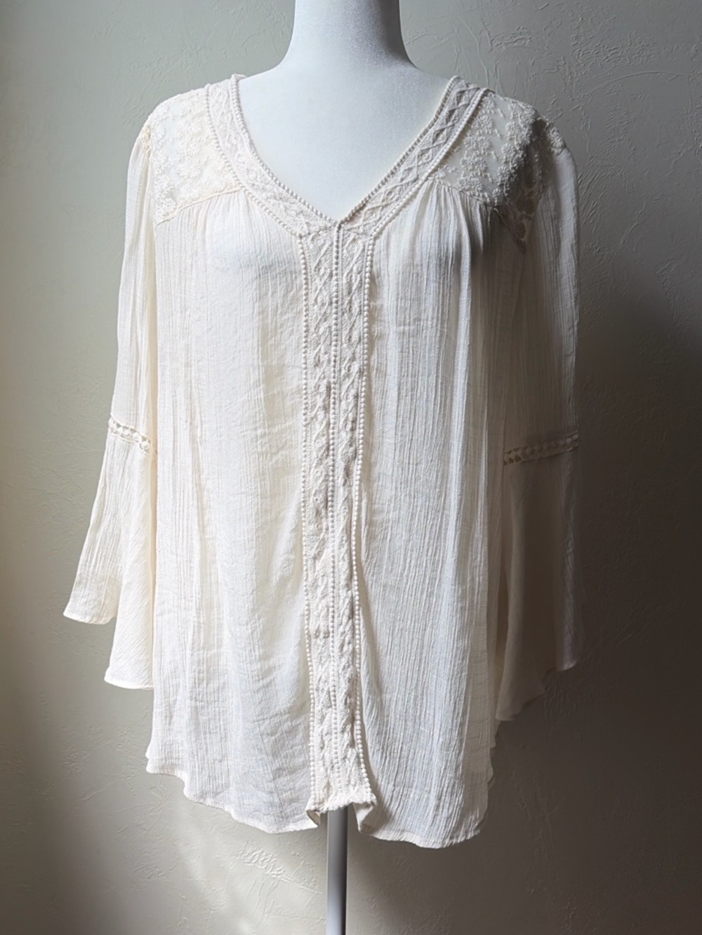 Studio Woman Ivory Boho Lace Bell Sleeve Blouse 1X